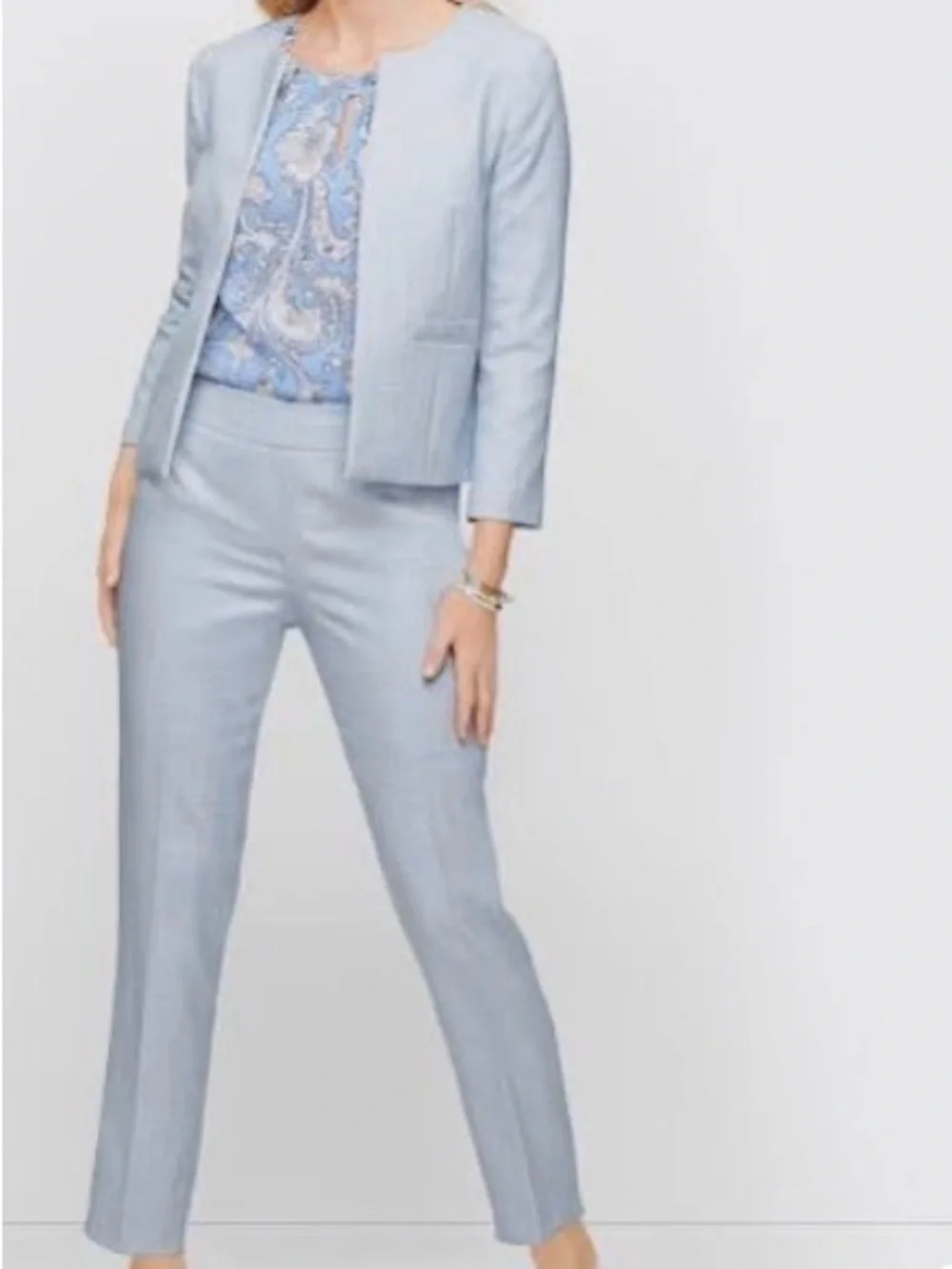 Talbots Pale Blue Collarless lightweight Tweed Blazer and Slim Ankle Pants (14)